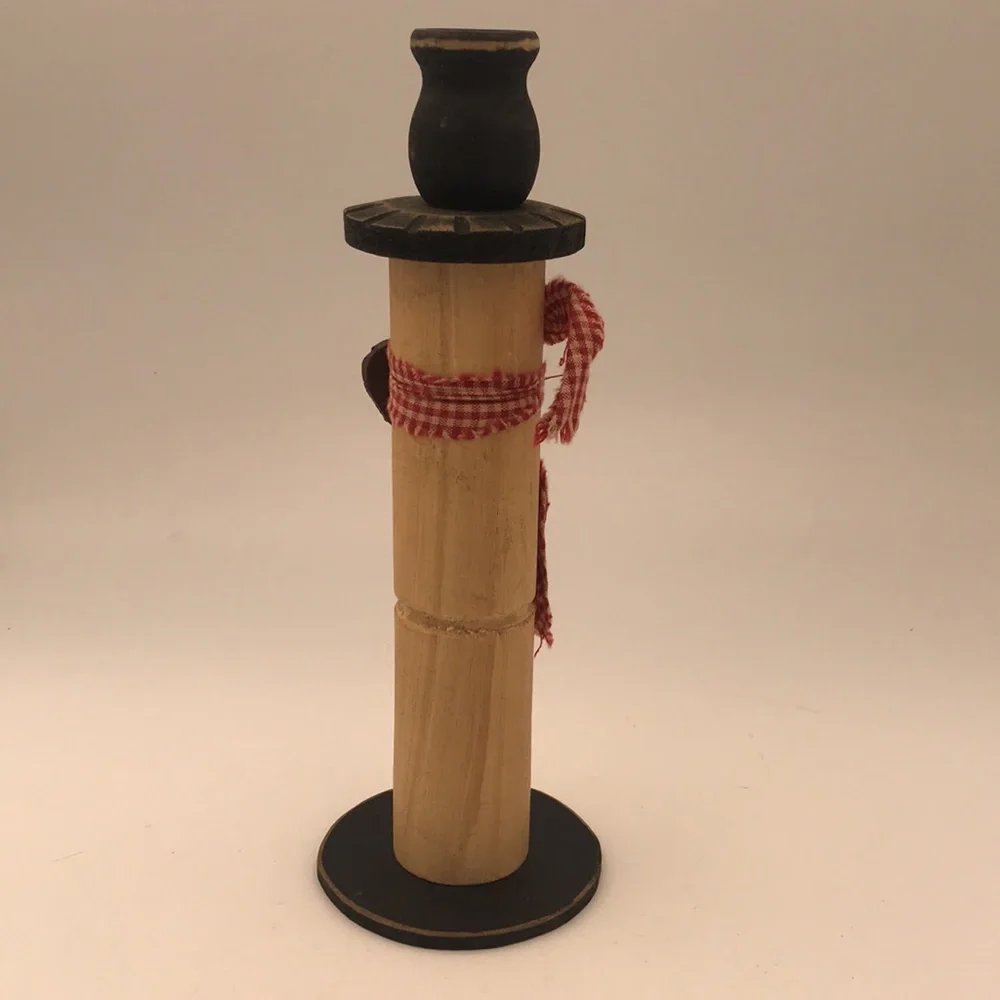 Wood Handcrafted‎ Rustic Folk Art Snowman Candle Holder w/ Heart & Plaid Scarf
